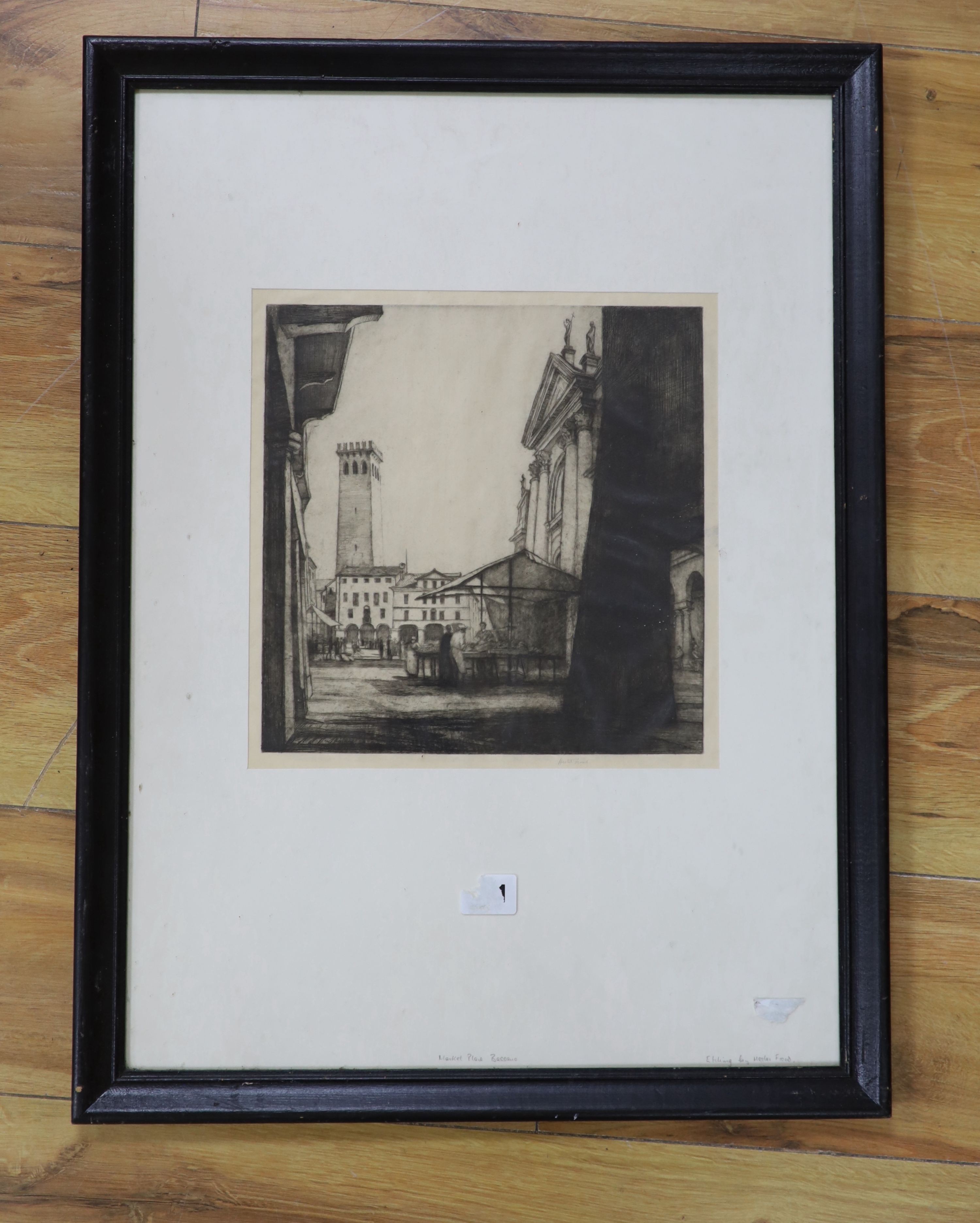 Hester Frood (1892-1971), etching, Market Place, Besano, signed in pencil, 25 x 25cm